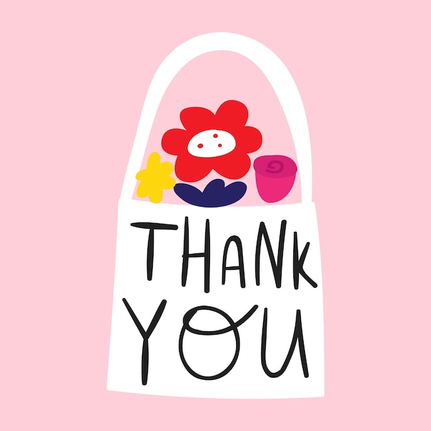 Shopping bag with flowers thank you illustration on pink background