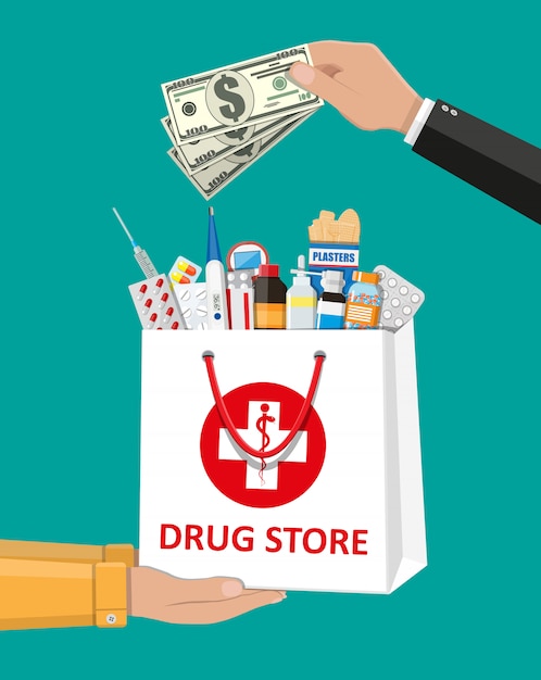 Vector shopping bag with medical pills and bottles