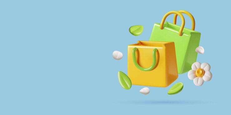 Vector shopping bags 3d vector spring sale and promotion background with leaves and white petals
