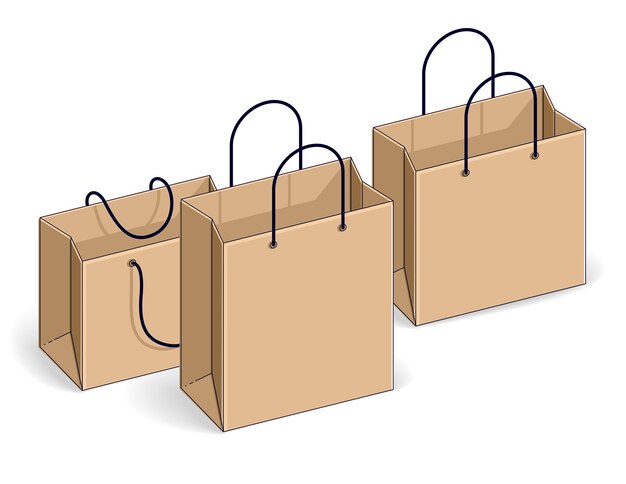 Shopping bags big sale, sellout, retail, Black Friday discount, eco paper bag isolated on white background. Vector 3d isometric illustration, thin line design.