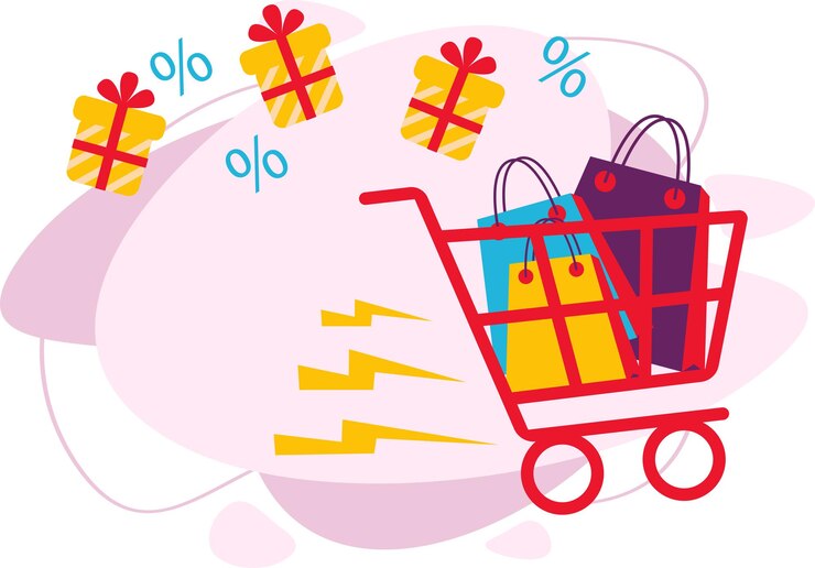 वेक्टर shopping bags and gift boxes flew into the basket. discounts, promotions, gifts. shopping. flat vector illustration.