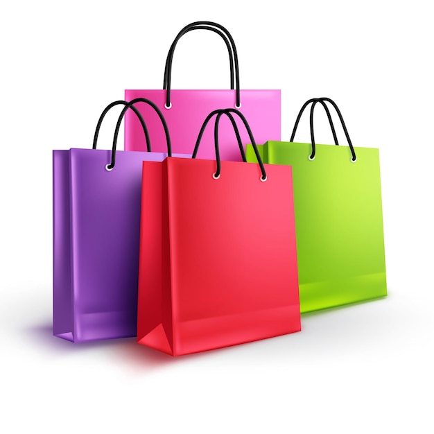 Shopping bags group vector concept. Empty paper bags with assorted colors.