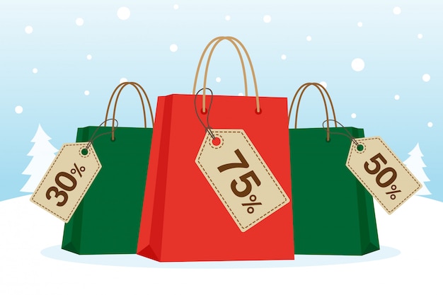 Vector shopping bags whith tag or label for christmas on the snow