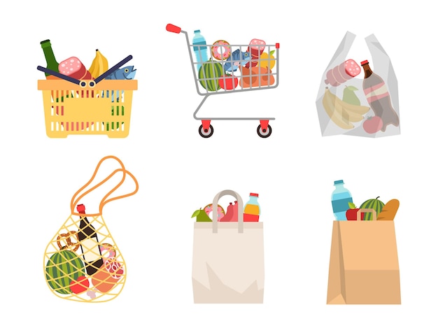 Vector shopping bags with foods. grocery purchases, paper packages, plastic or eco bag, full trolley and basket with products. buying organic food flat vector cartoon set