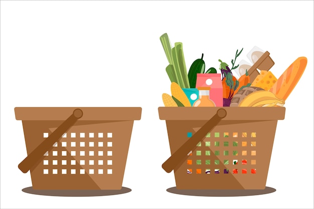 Vector shopping basket full of healthy organic fresh and natural food