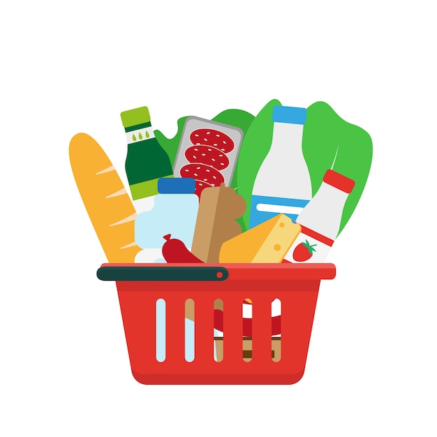 Shopping basket full of products.  illustration.