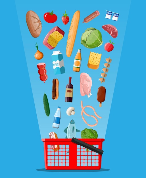 Vector shopping basket with fresh products. grocery store supermarket. food and drinks. milk, vegetables, meat, chicken cheese, sausages, salad, bread cereal steak egg. vector illustration flat style