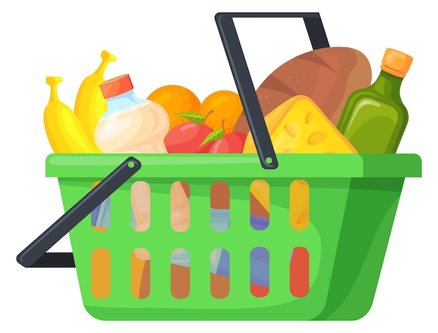 Vector shopping basket with groceries cartoon supermarket purchase icon