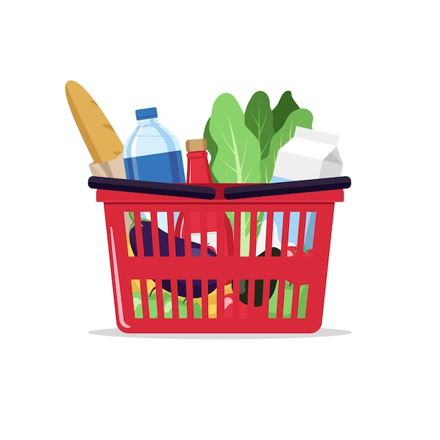 Cestino della spesa con prodotti, cibo, generi alimentari, illustrazione del supermercato