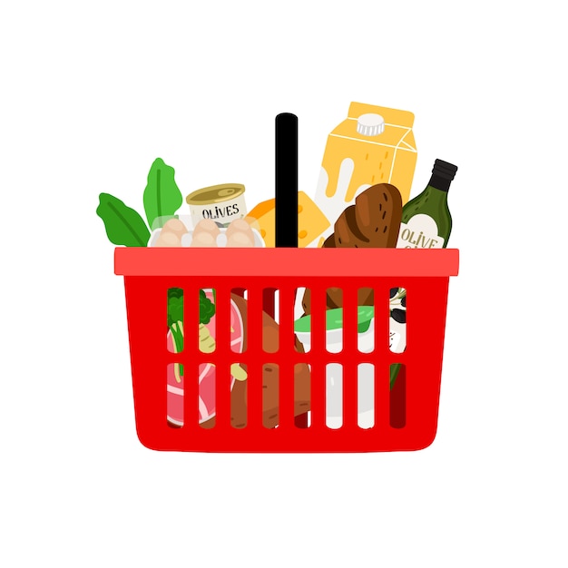 Vector shopping basket with products isolated on white background