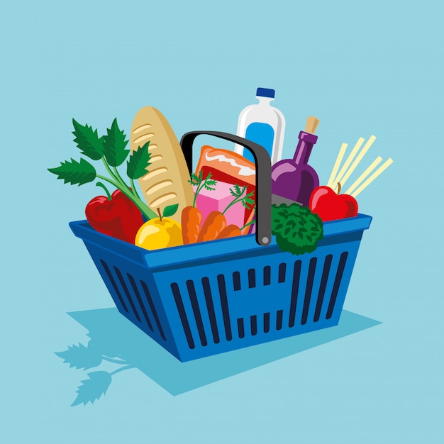 Shopping basket with vegetables and fruits supplies