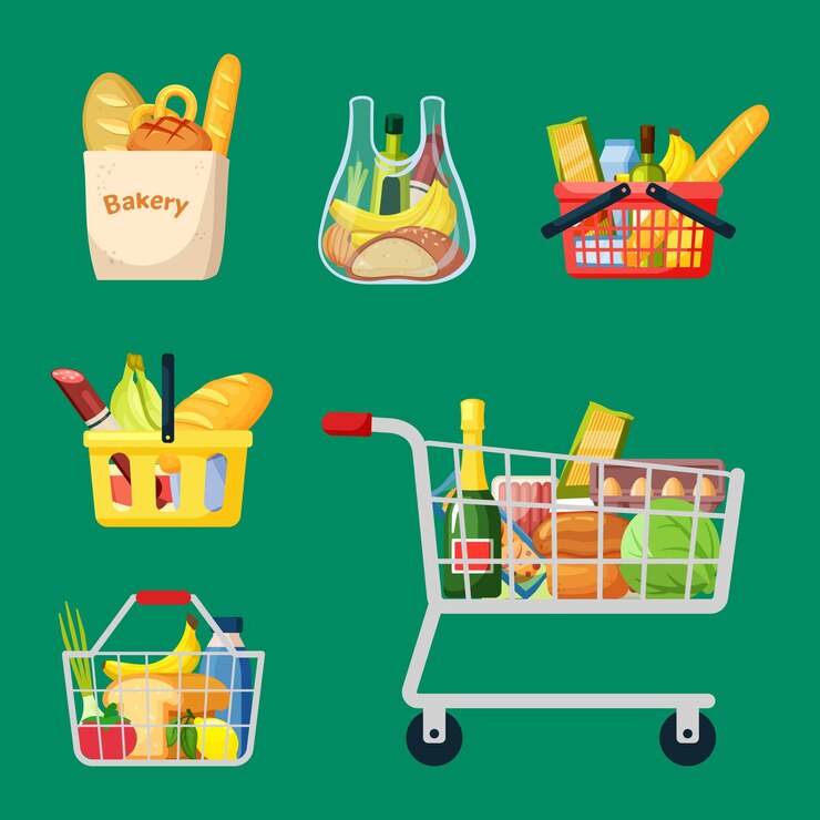 Shopping baskets and bags set. Grocery plastic metal containers with wheels and handles ripe