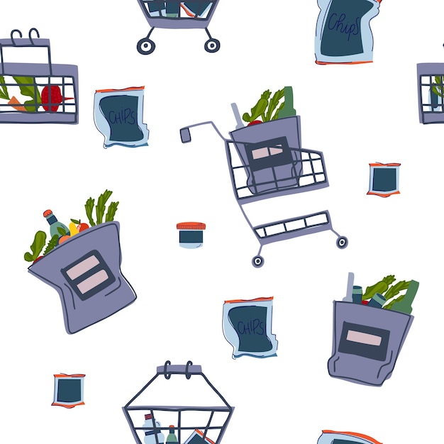 Vector shopping baskets bags and trolley seamless pattern can use for web banner infographics hero images flat isometric vector illustration isolated on white background