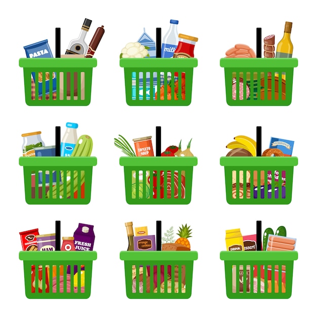 Shopping baskets with groceries