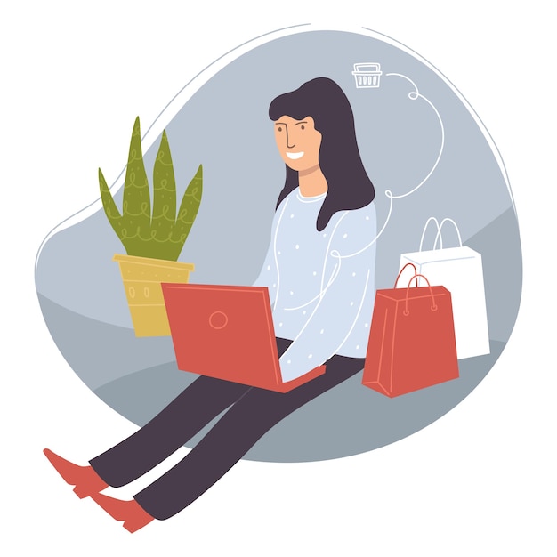 Shopping and buying products in online websites. Lady using laptop to order goods from internet. Female character with bags, sitting at home by houseplant. Customer and gadget. Vector in flat style