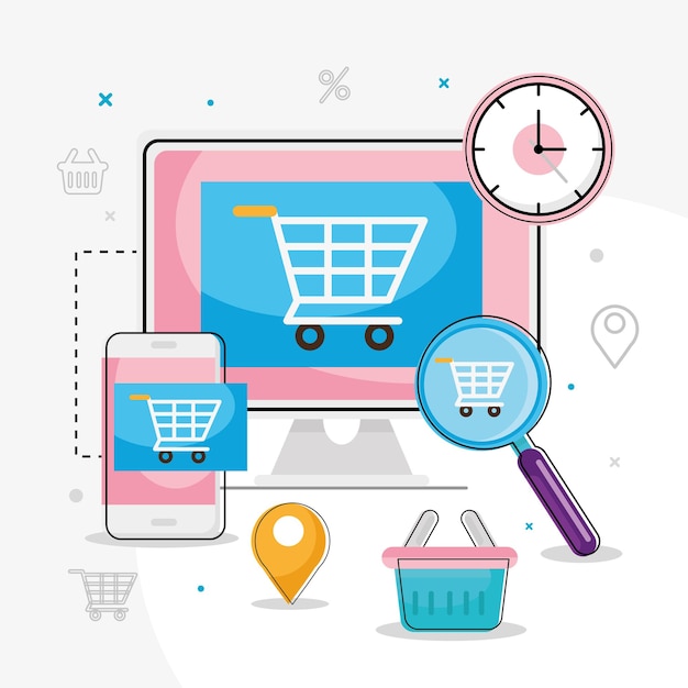 Vector shopping cart in computer with symbol set