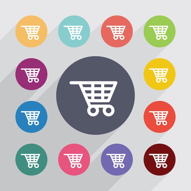Shopping cart, flat icons set. round colourful buttons. vector