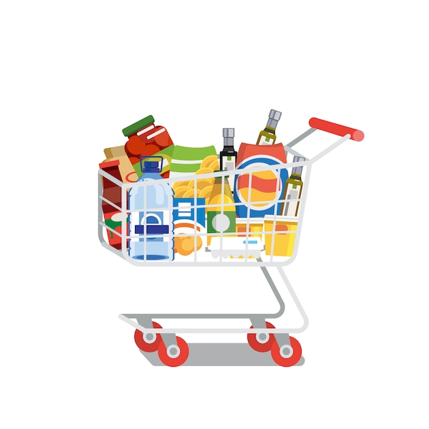 Vector shopping cart full of food isolated flat vector