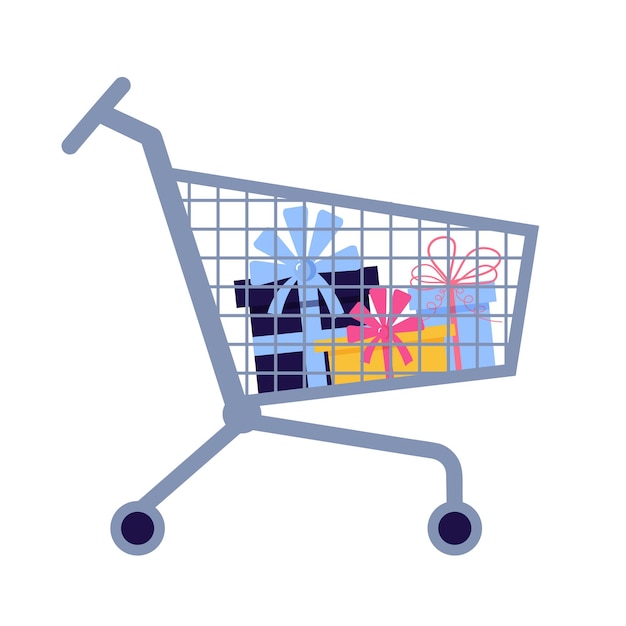 Vector shopping cart full of gift boxes shopping shopaholic behavior big sale or discount holiday