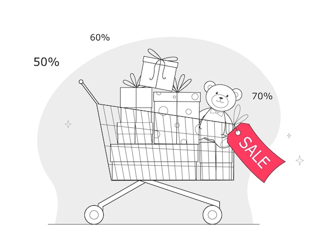 Shopping cart full of purchases Shopping for new year Concept of Christmas sale