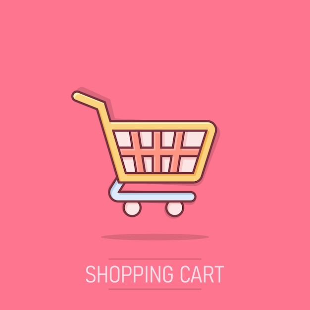 Shopping cart icon in comic style Trolley cartoon vector illustration on isolated background Basket splash effect business concept