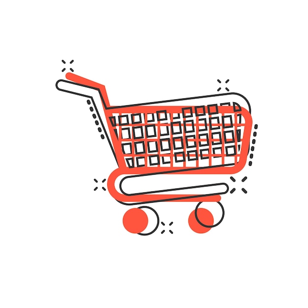 Shopping cart icon in comic style Trolley cartoon vector illustration on white isolated background Basket splash effect business concept