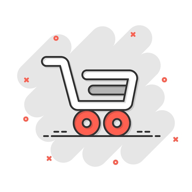 Shopping cart icon in comic style Trolley cartoon vector illustration on white isolated background Basket splash effect business concept