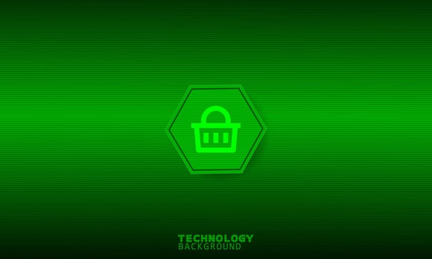 Shopping cart icon in green hexagon with green background.