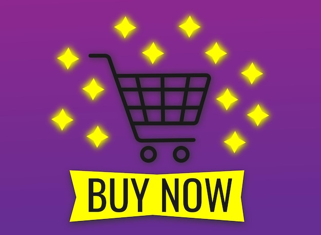 Shopping cart icon with glowing stars and buy now button