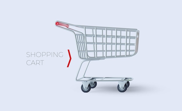 Shopping cart isolated on white background Silver cart with red handle Vector illustration Realistic cart of side view empty supermarket shopping cart