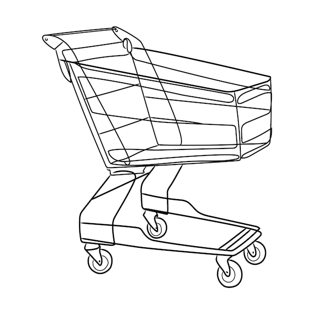 Shopping cart line drawing vector isolated illustration on white background.Doodle shopping cart