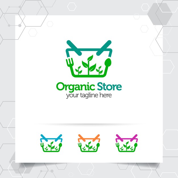 Shopping cart logo design concept of online shop icon and organic vegetable for supermarket