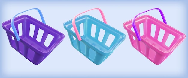 Vector shopping cart realistic food basket set 3d vector render in plastic style