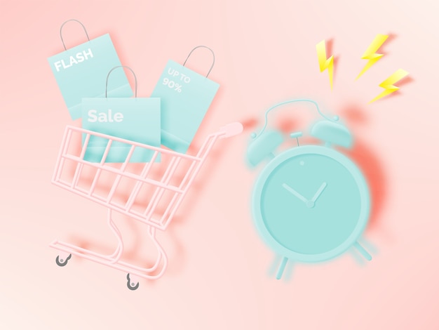 Shopping cart for sale banner in paper art style and pastel scheme