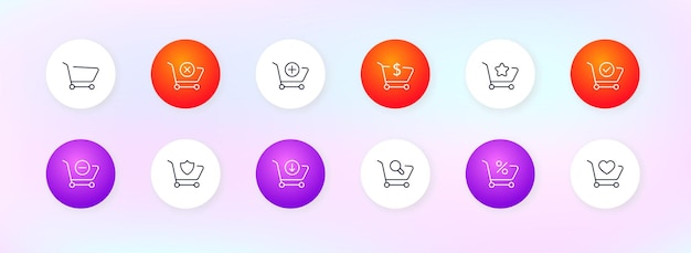 Shopping cart set icon Cross payment order discount coupon dollar coin product favorite cart star shield search Purchase concept Neomorphism style Vector line icon