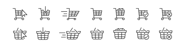 Вектор Набор векторных значков корзины покупок кнопки магазинов очертание стиля корзина покупок коммерческие значки купля и продажа продуктов коллекция бизнес-символов