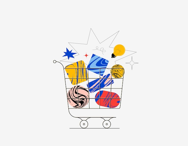 Vector shopping cart with abstract boxes and shapes and elements isolated on white background