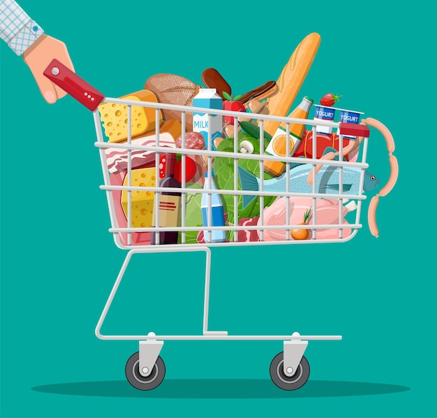 Vector shopping cart with fresh products. grocery store supermarket. food and drinks. milk, vegetables, meat, chicken cheese, sausages, salad, bread cereal steak egg. vector illustration flat style