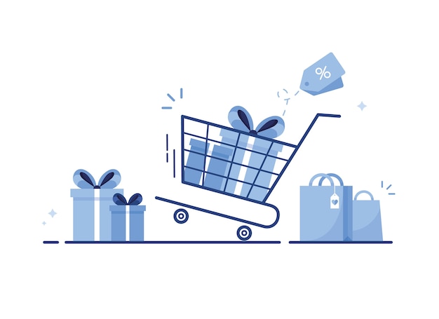 Vector shopping cart with gift boxes, shopping bags or presents with bow and ribbon for e-shop. blue