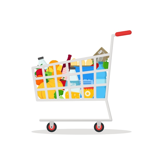Vector shopping cart with products drink and food for business and advertising store