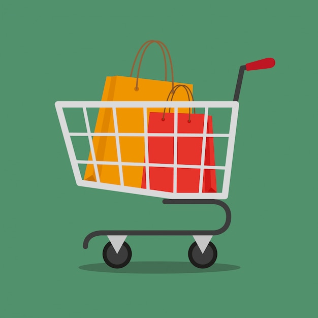 Vector shopping cart with shopping bags