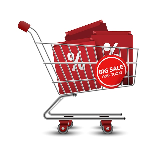 Shopping carts full of shopping bags with 3d red price tags sale vector illustration