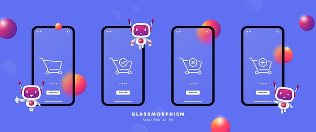 I carrelli della spesa impostano l'icona pulsanti del sito web per il negozio online più aggiungi croce elimina il segno di spunta approva il concetto di vendita glassmorphism ui schermate delle app del telefono con i robot icona della linea vettoriale per le aziende