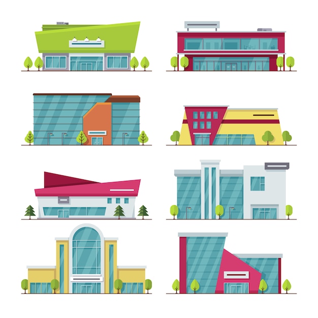 쇼핑 센터, 쇼핑몰 및 슈퍼마켓 현대 평면 벡터 건물. 슈퍼마켓 도시와 건축 빌딩 몰 센터 그림