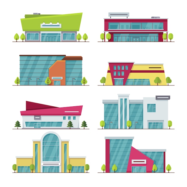 Shopping center, mall and supermarket modern flat vector buildings. Supermarket city and architecture building mall center illustration