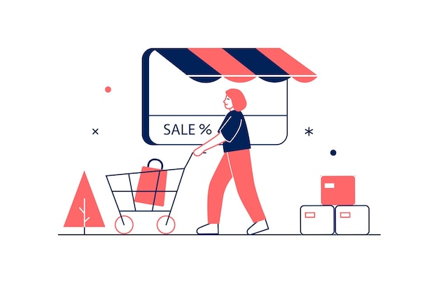 shopping concept in flat line design with people scene woman with supermarket cart making purchases and buying new products paying at checkout with discount prices vector illustration for web