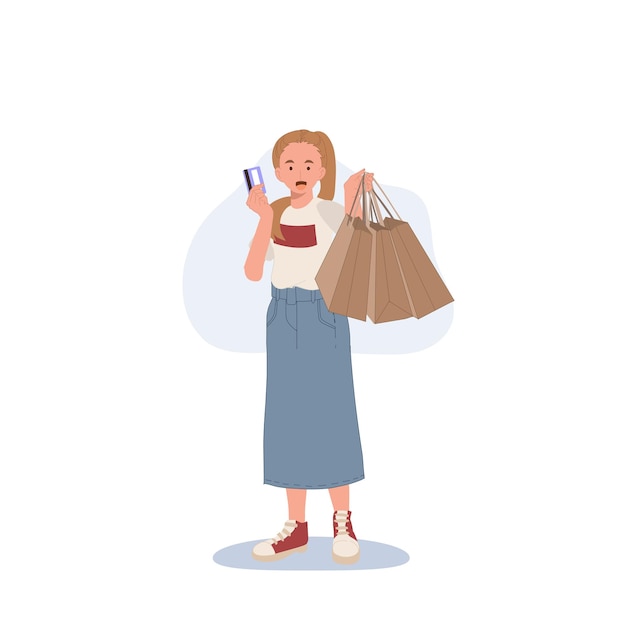 Shopping concept vrouw met een creditcard en boodschappentassen in haar handen Platte cartoon vectorillustratie