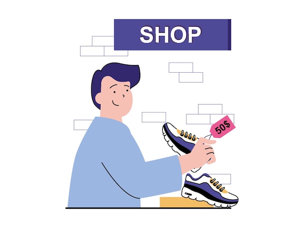 벡터 캐릭터 상황이 포함된 쇼핑 개념 매장에서 고객이 운동화를 구입합니다. man은 부티크의 신발 부서에서 스포츠 신발을 선택합니다. 웹용 플랫 디자인의 사람 장면이 있는 벡터 그림