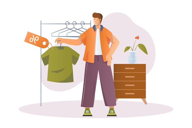 Vector shopping concept with people scene in the flat cartoon design a guy tries on a tshirt