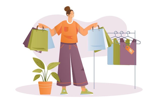 Shopping concept with people scene in the flat cartoon style The woman is happy